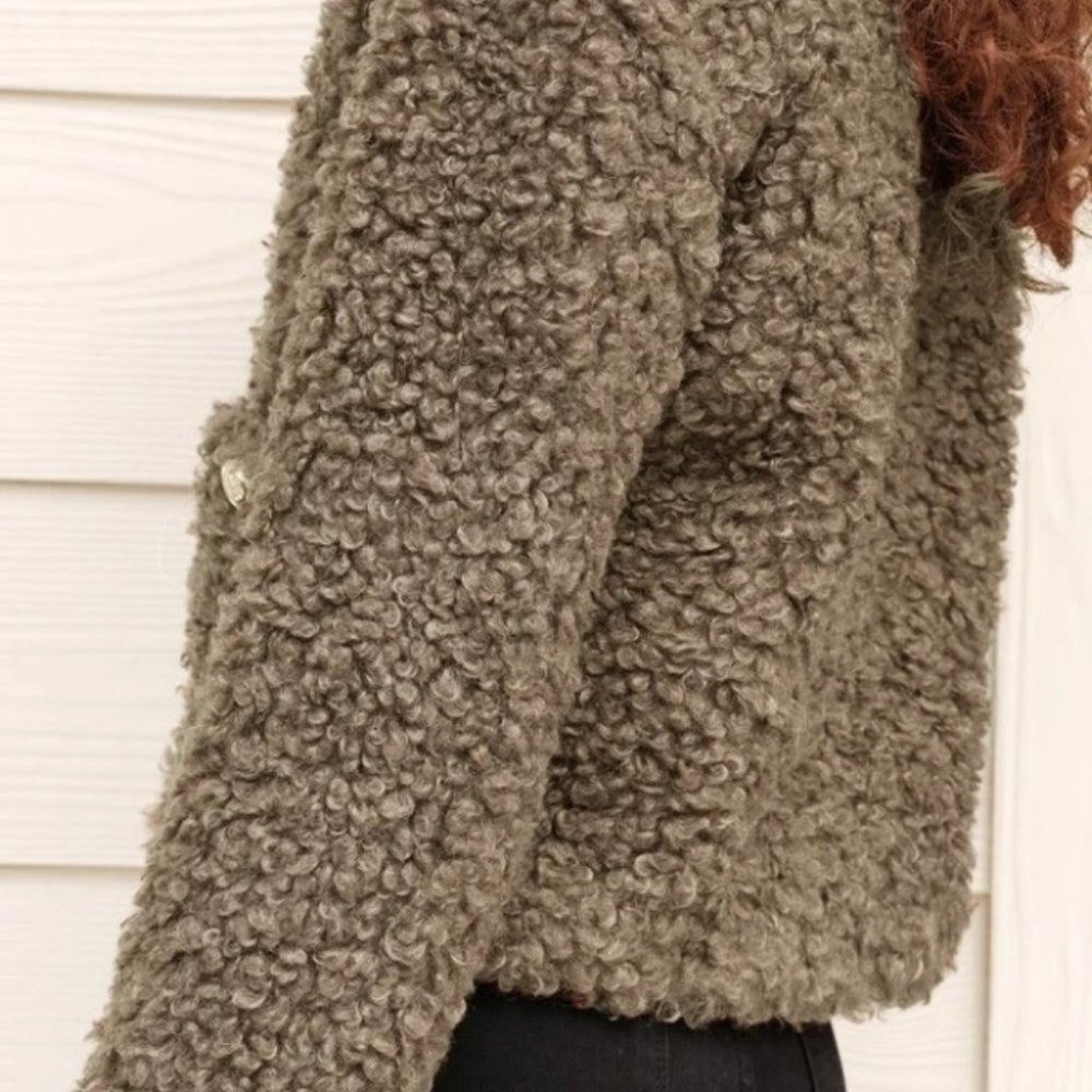 Brown Teddy faux fur Button Down with Pockets Jacket Coat - Picture 5 of 7